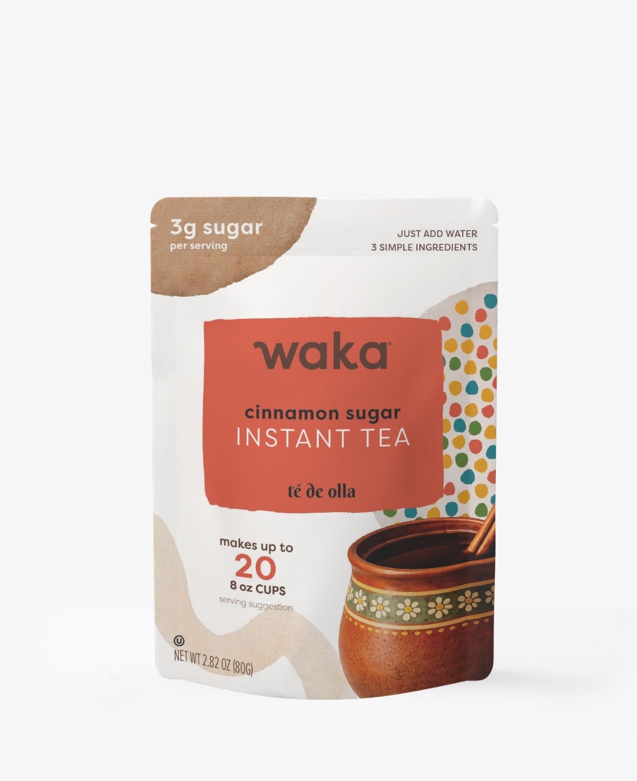Waka Cinnamon Sugar Instant Tea in a resealable stand-up pouch, featuring a terracotta orange label, white background, and a ceramic mug illustration on the lower right.