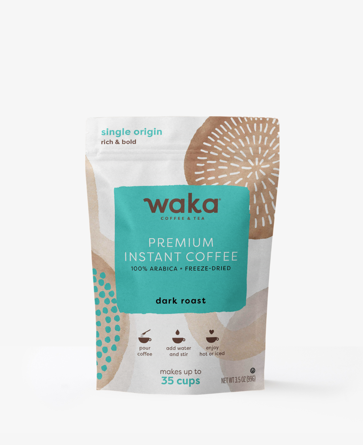 Waka Premium Instant Coffee in a resealable stand-up pouch, dark roast, on a clean white background.