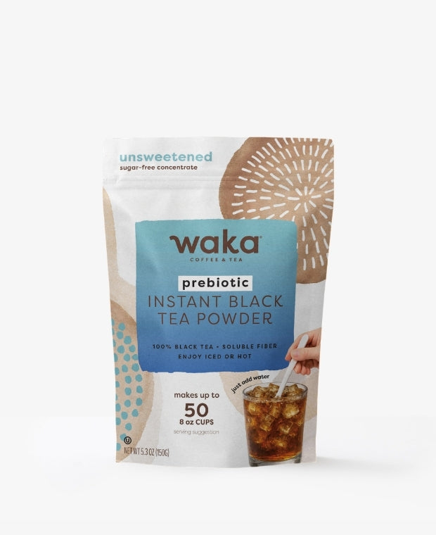 Waka prebiotic instant black tea powder package on a white background