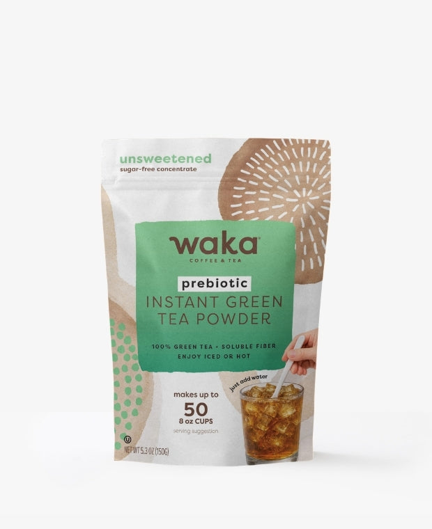 Waka prebiotic instant green tea powder package on a white background