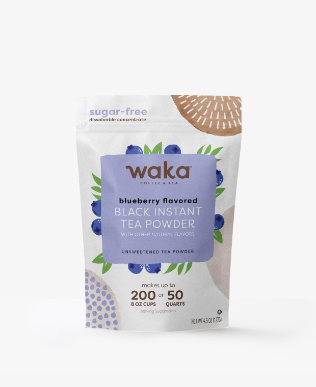 Waka blueberry flavored black instant tea powder package on a white background