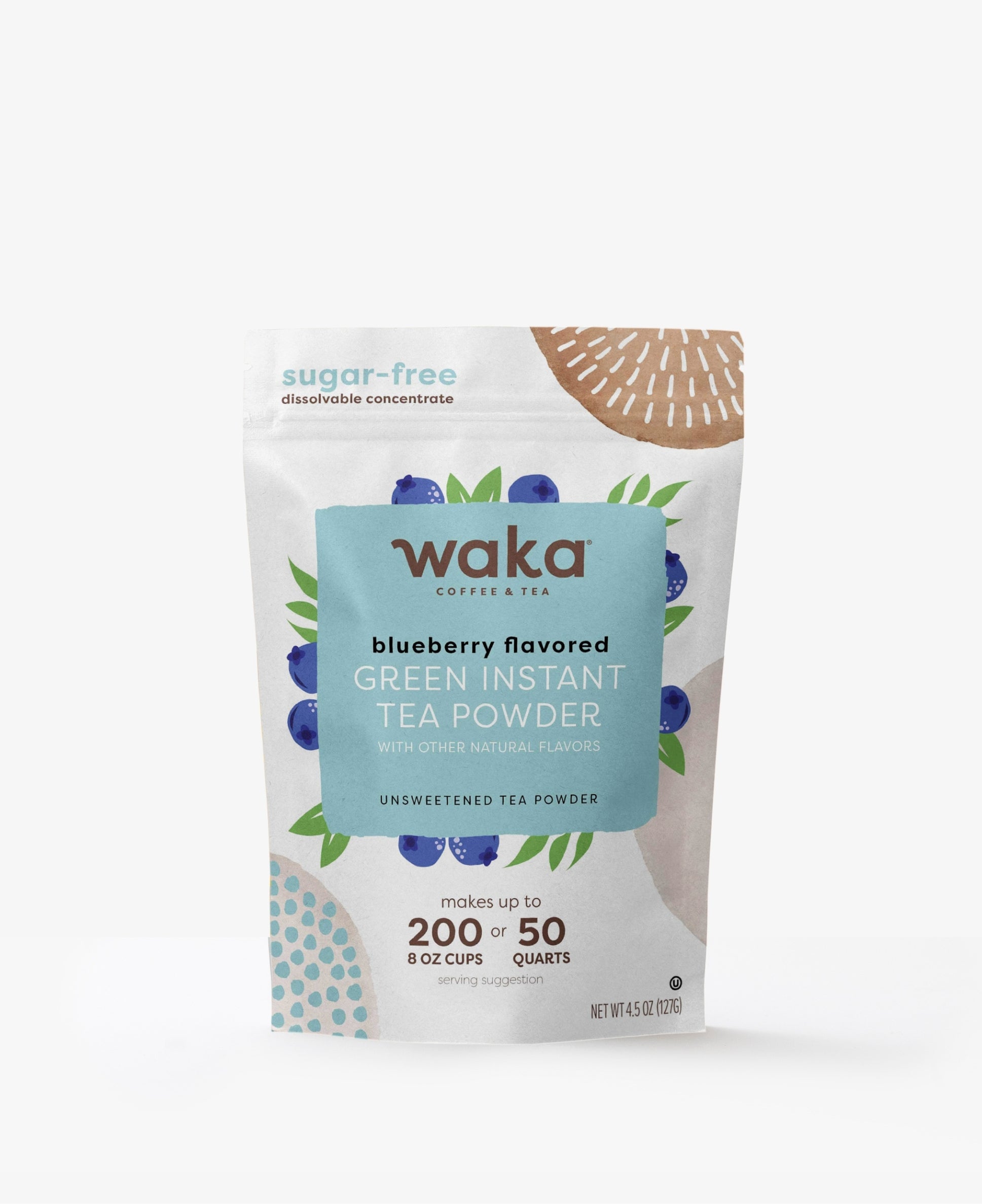 Waka blueberry flavored green instant tea powder package on a white background
