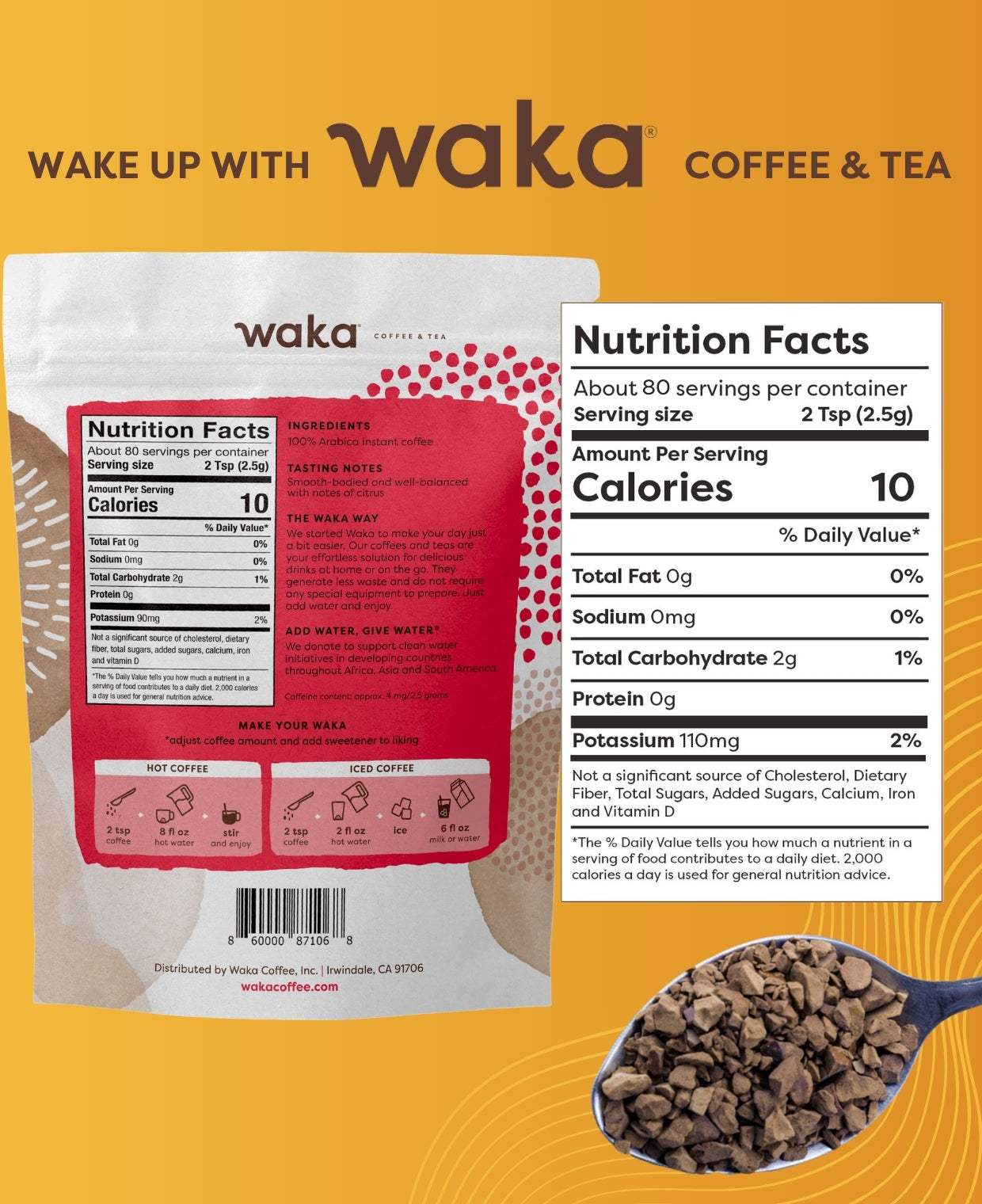 WAKACOFFEE® Medium Roast Decaf Instant Coffee - 8 oz Pouch